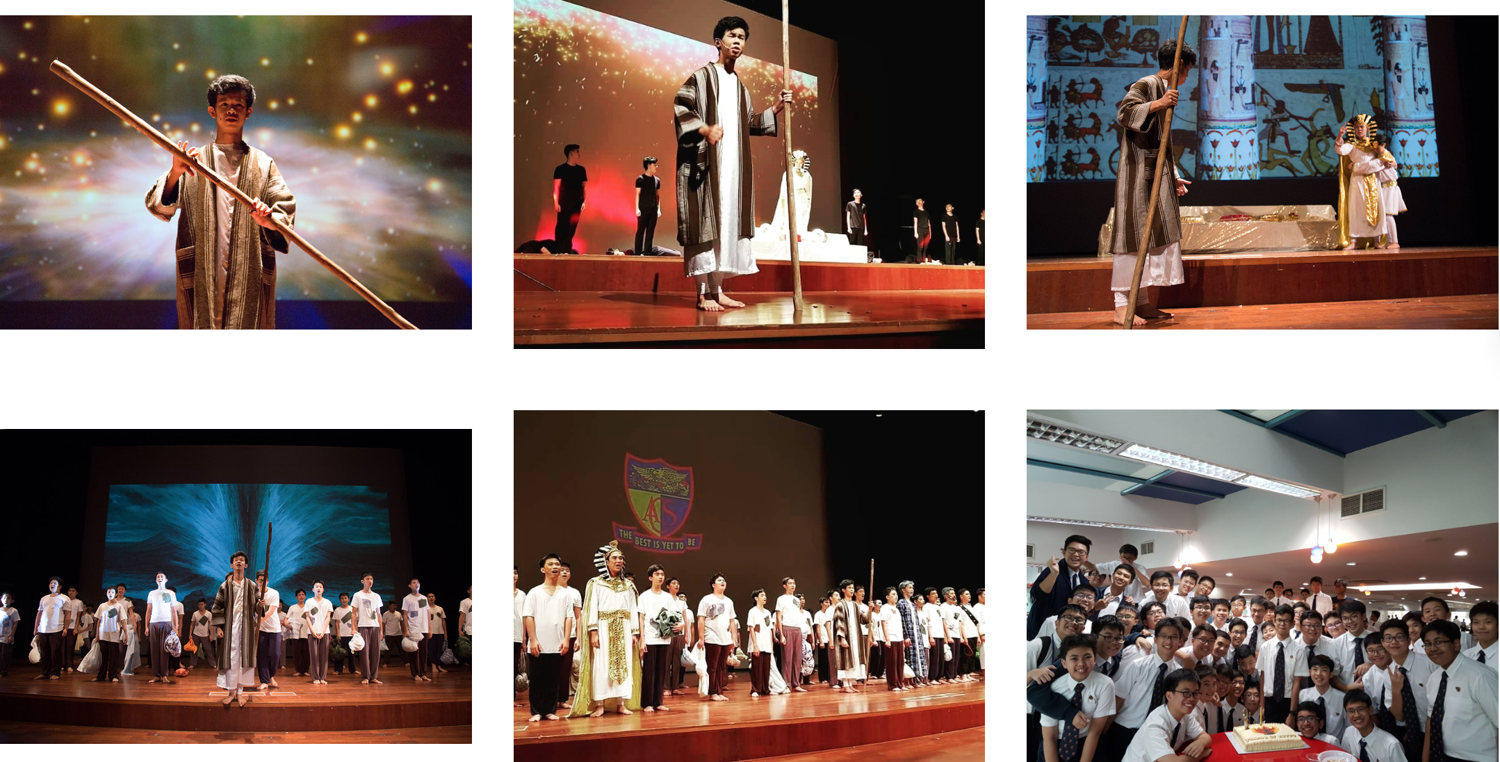 Six photos of a school stage production with Egyptian costumes, cast members holding staffs, and a group celebration photo.